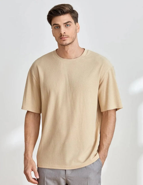 MEN LOOSE SOLID ROUND NECK TEE-Beige