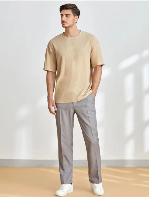MEN LOOSE SOLID ROUND NECK TEE-Beige