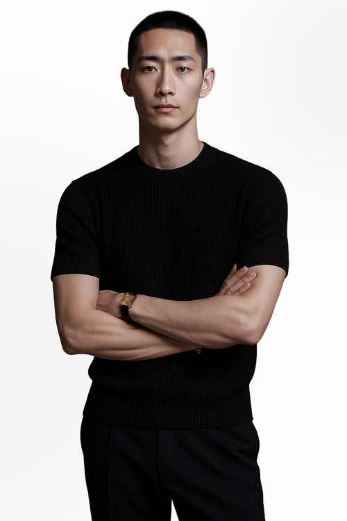 MEN LOOSE SOLID ROUND NECK TEE-Black
