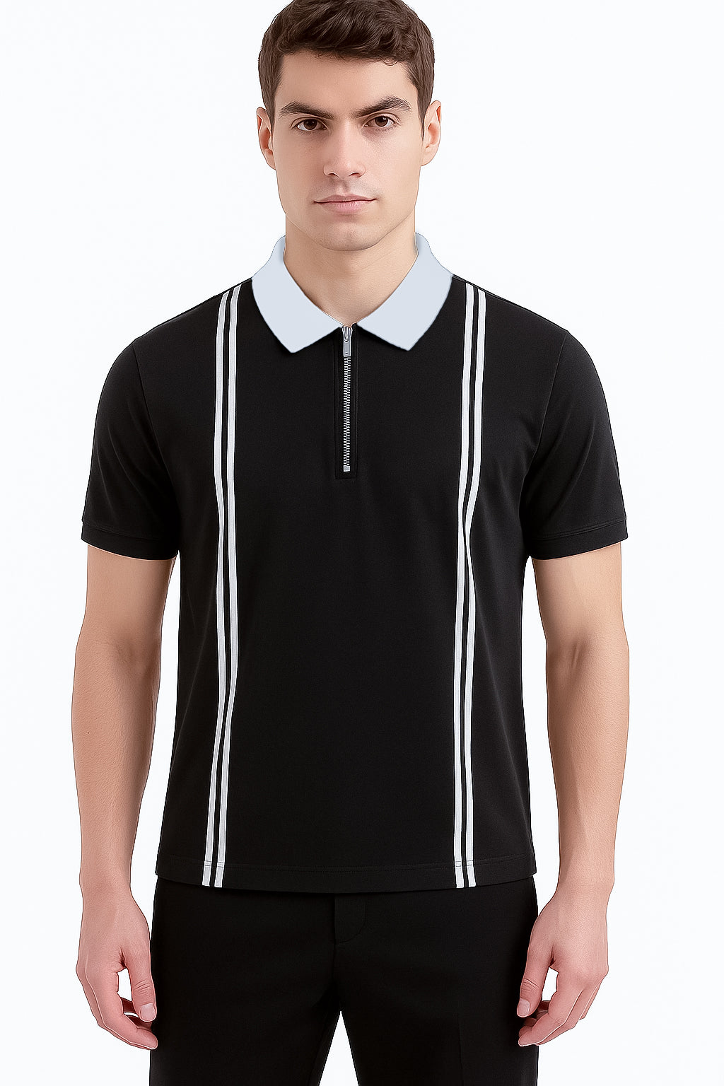 Zipper Striped Polo Shirt-Black