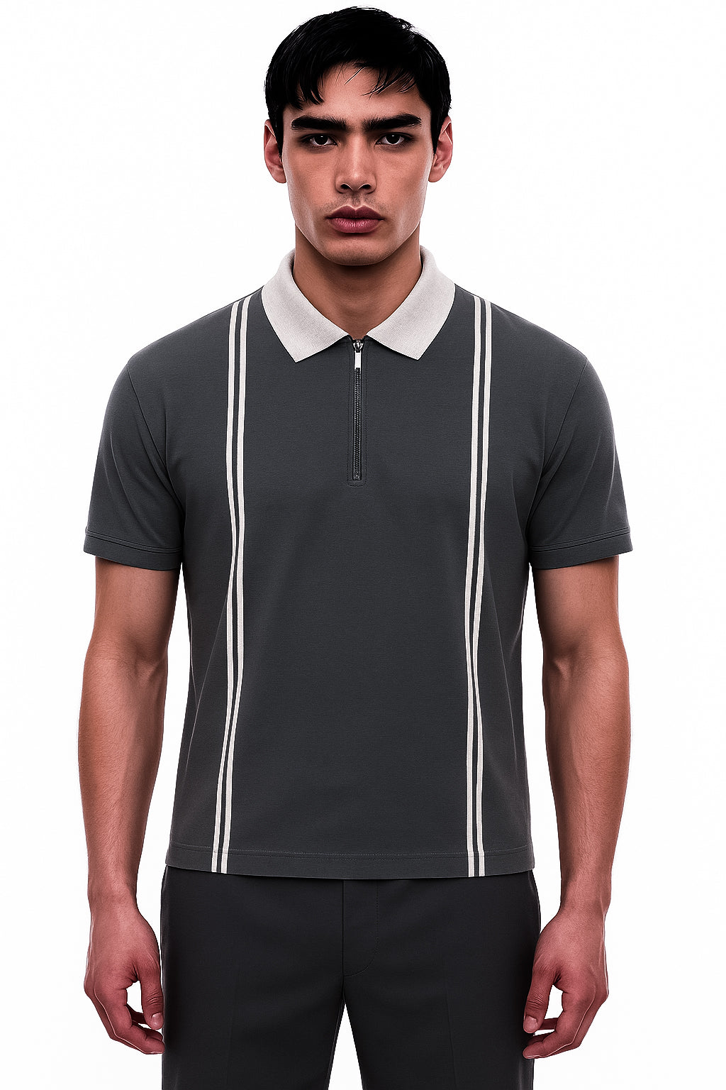Zipper Striped Polo Shirt-Grey