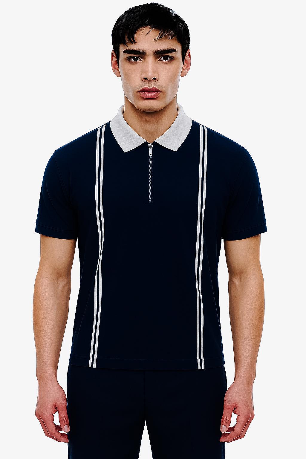 Zipper Striped Polo Shirt-Navyblue