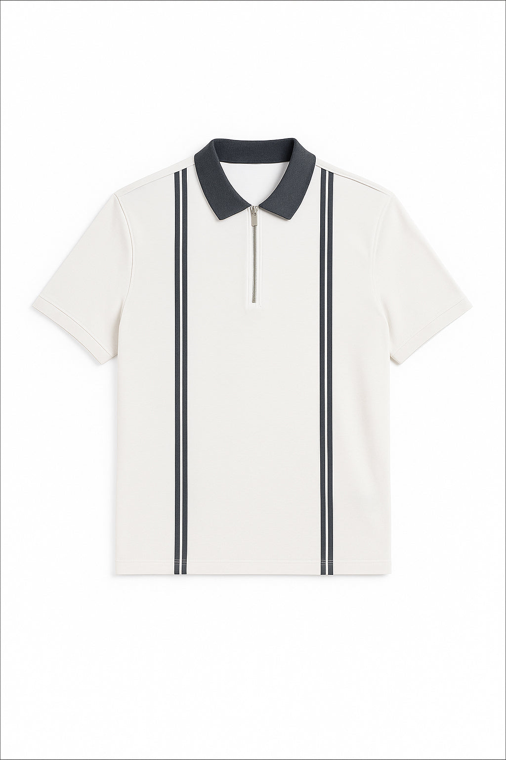 Zipper Striped Polo Shirt-White