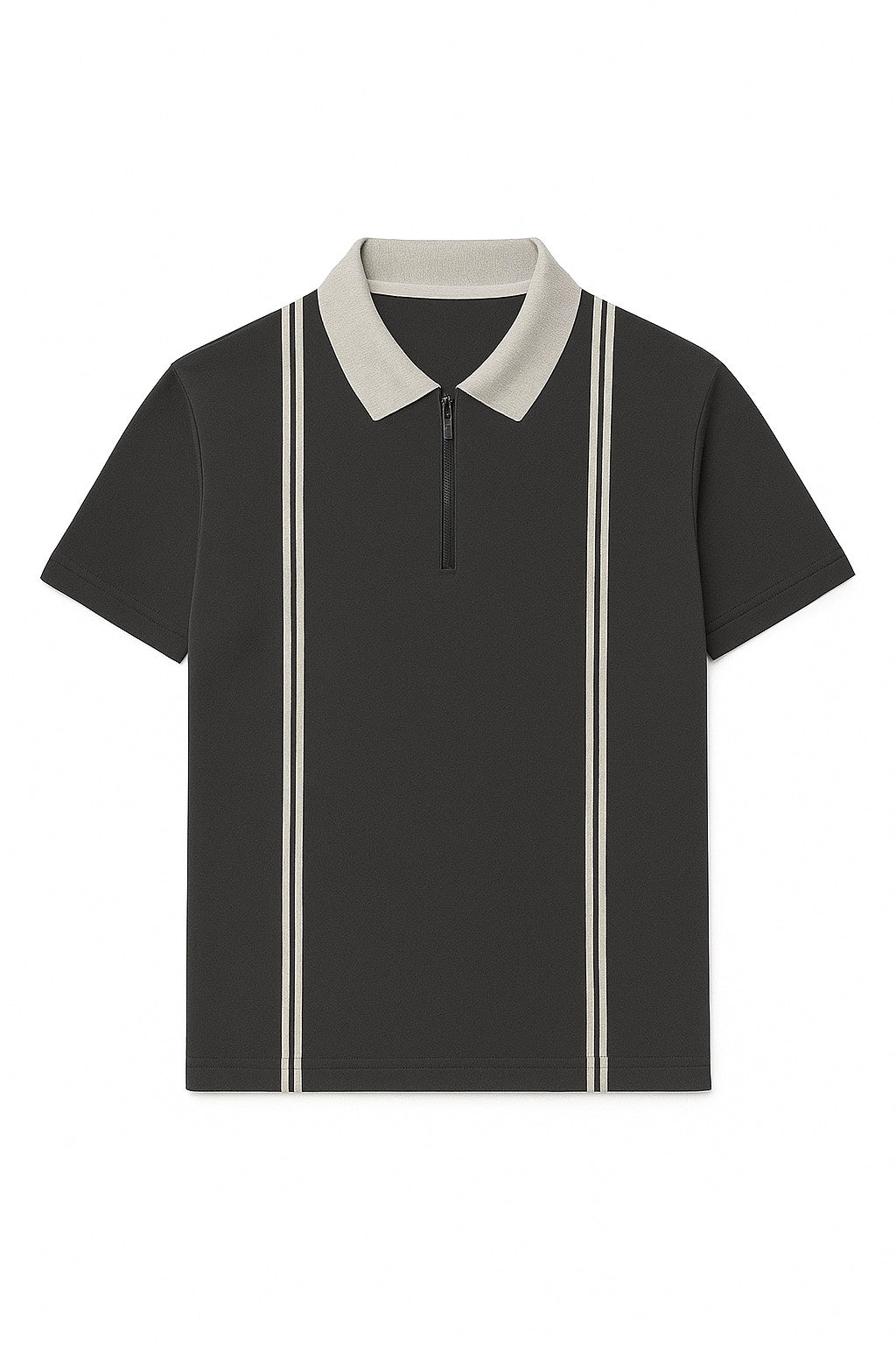 Zipper Striped Polo Shirt-Grey