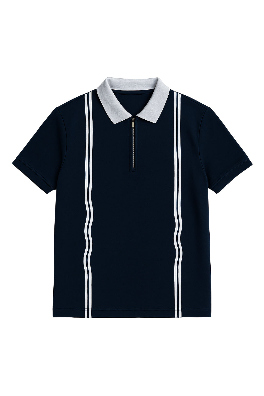 Zipper Striped Polo Shirt-Navyblue