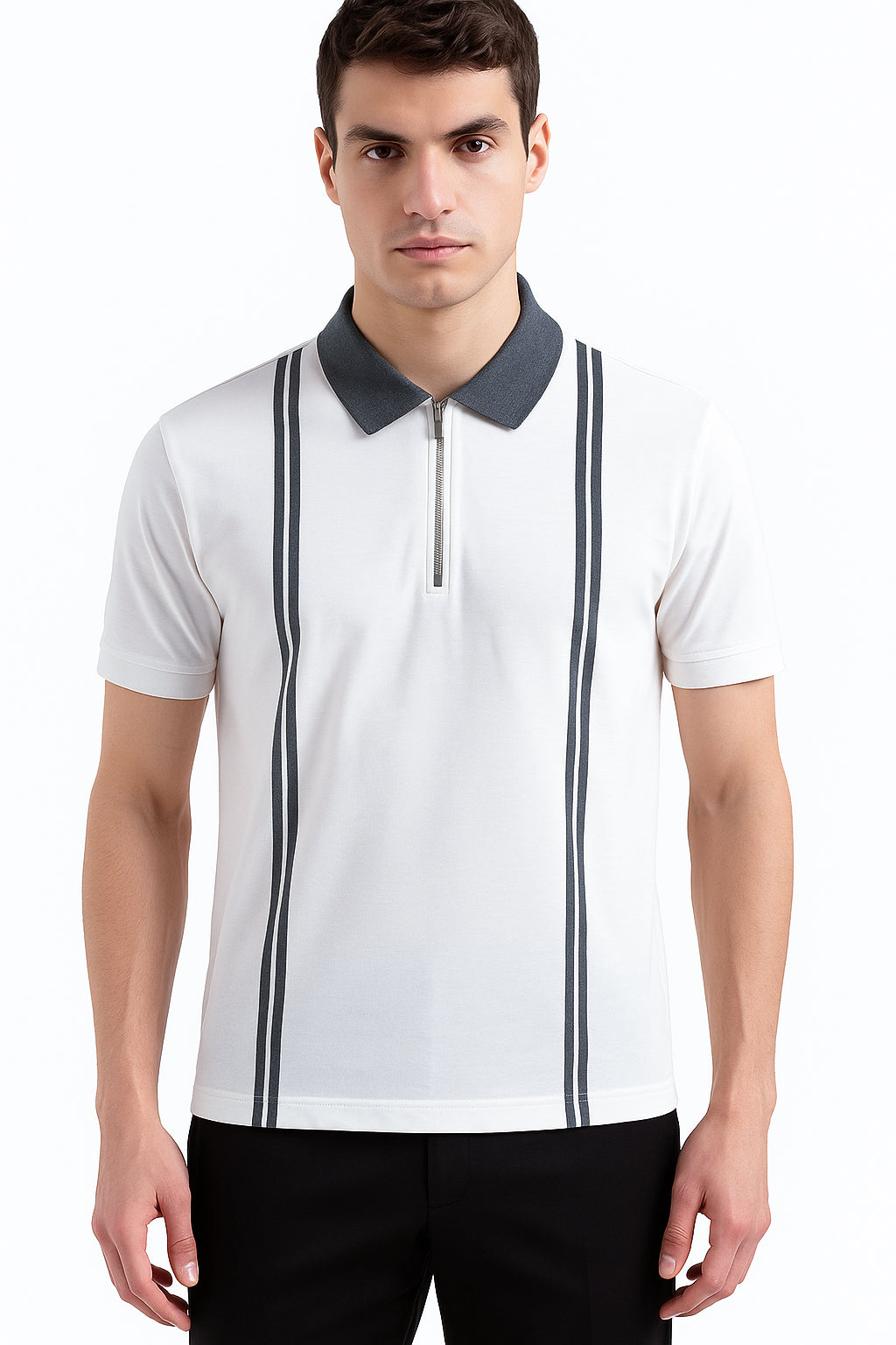 Zipper Striped Polo Shirt-White